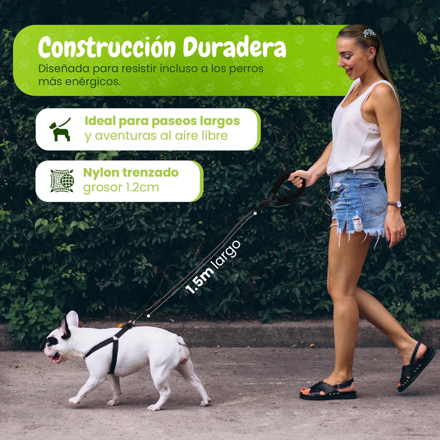 Correa para perro 1,5m de largo por 1,2cm de grosor, empuñadura antideslizante y acolchada.