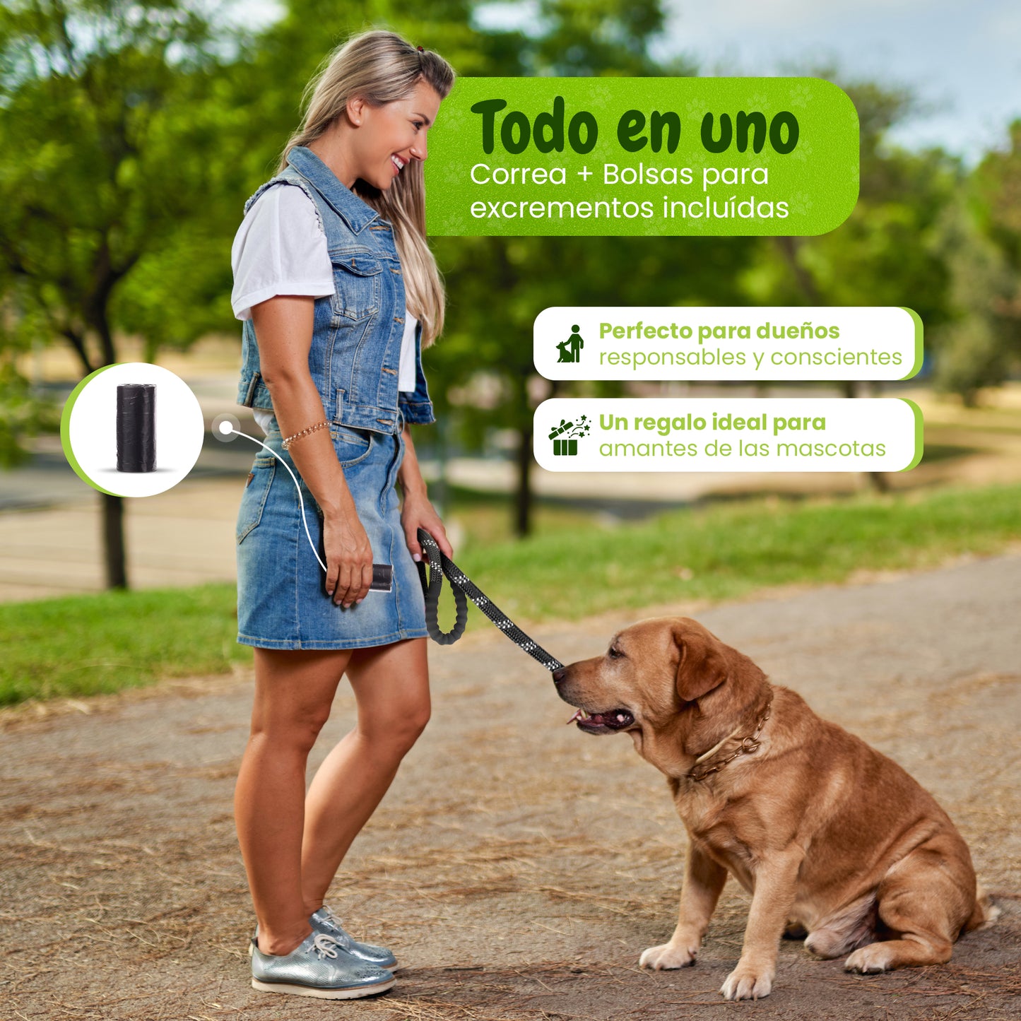 Correa para perro 1,5m de largo por 1,2cm de grosor, empuñadura antideslizante y acolchada.