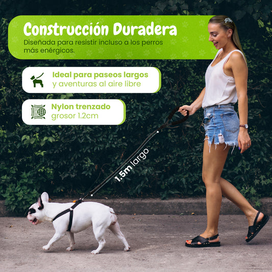 Correa para perro 1,5m de largo por 1,2cm de grosor, empuñadura antideslizante y acolchada.