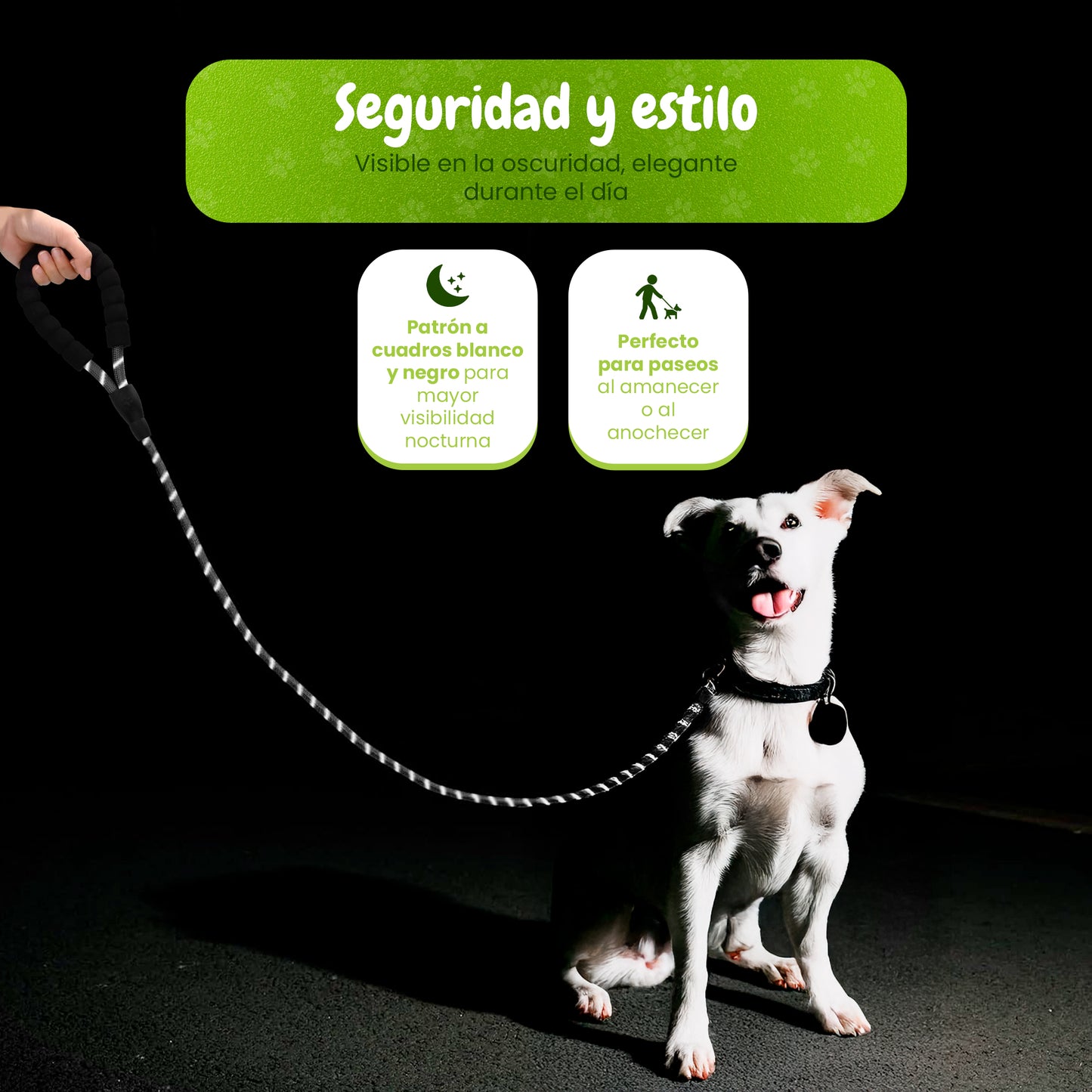 Correa para perro 1,5m de largo por 1,2cm de grosor, empuñadura antideslizante y acolchada.