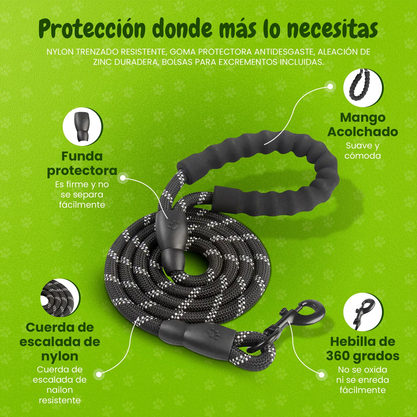 Correa para perro 1,5m de largo por 1,2cm de grosor, empuñadura antideslizante y acolchada.